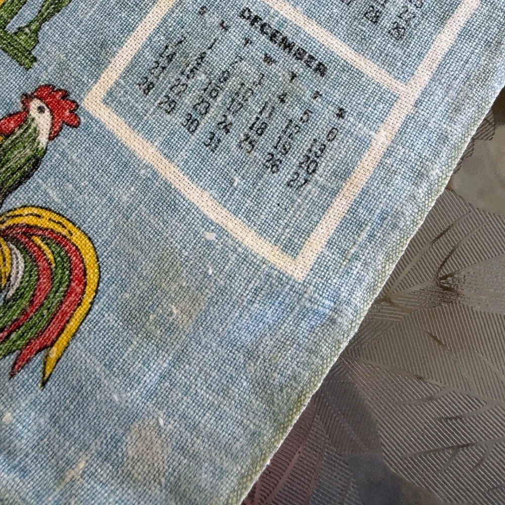 Vintage 1975 Calendar Linen Tea Towel Blue Yellow Inn Signs Wall Hanging